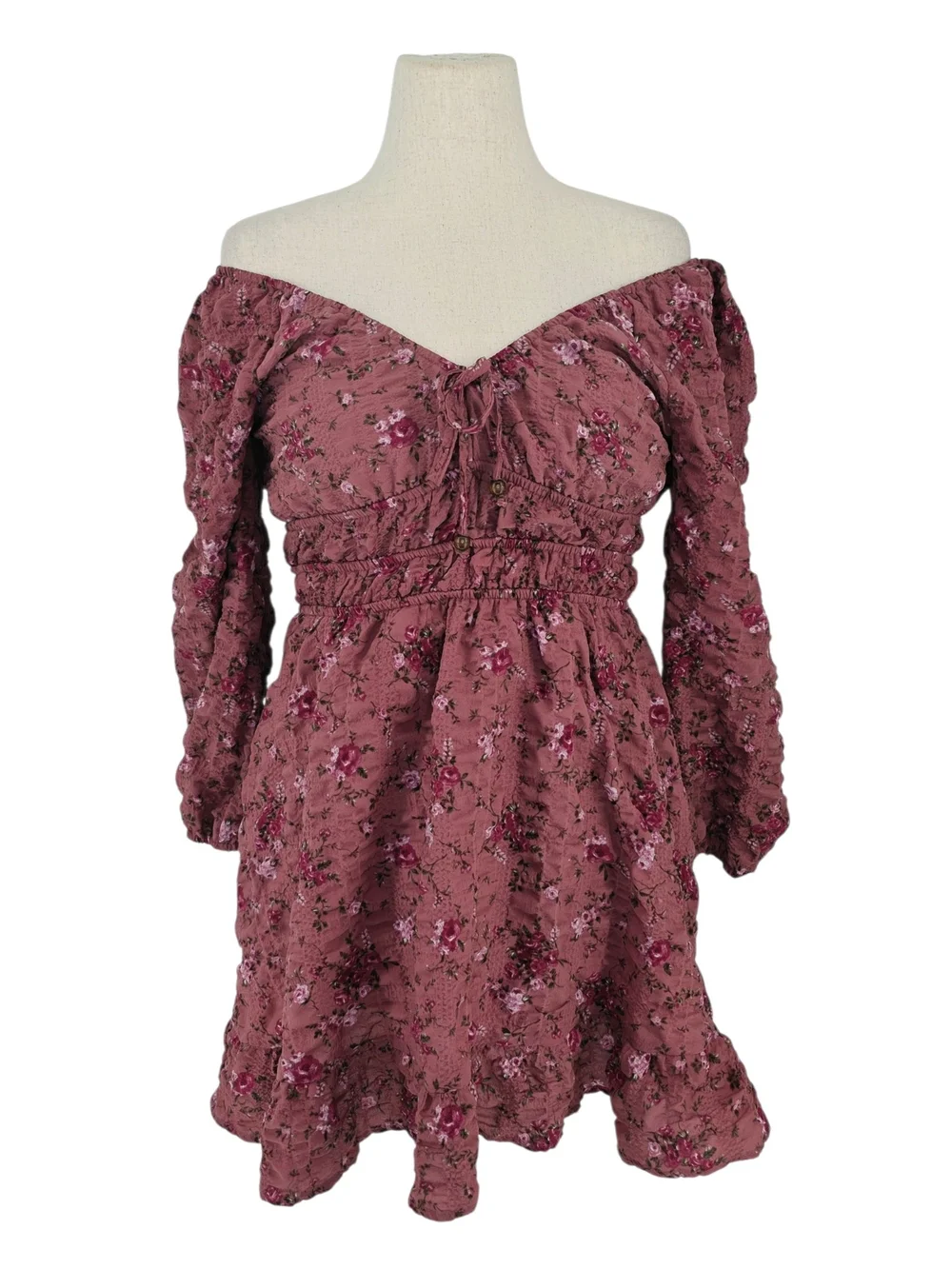 Mary & Mo Floral Off Shoulder Smocked Mini Dress Mauve Pink Boho Medium